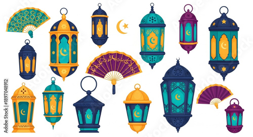Collection of Islamic lanterns and fans for Ramadan celebration.