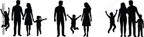 Happy family silhouettes isolated on white background showing parents and children bonding, joyful jumping kids, togetherness and love concept, minimalist black illustration