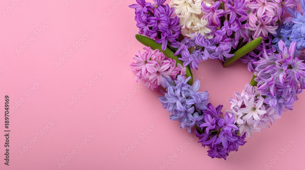 Obraz premium Heart-shaped hyacinth arrangement on pink background.