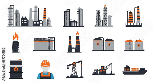 Collection of industrial oil and gas refinery icons and illustrations.