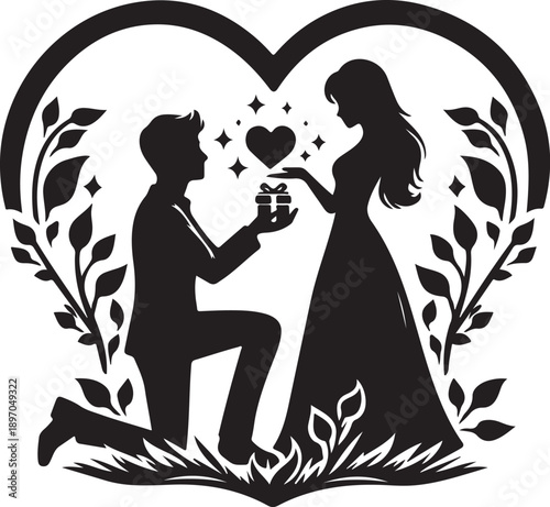 Propose silhouette vector couple silhouette illustration,Elegant Black Marriage Proposal Silhouette for Engagement, Wedding, and Romantic Design Pro Vector