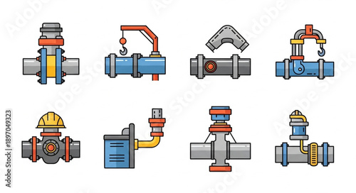 Collection of industrial pipe fittings and valves.