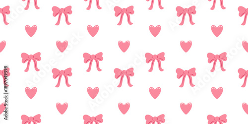 seamless pattern with pink bows and hearts, coquette aesthetic doodle, cute girlish wallpaper, romantic hand drawn background