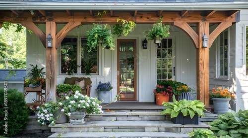 Charming residential porch with abundant greenery and wooden accents for real estate and home decor.