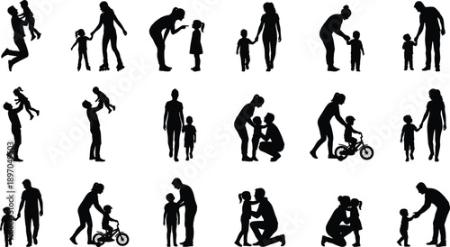 Parent and child interaction silhouettes set showing family bonding parenting care play teaching walking and emotional connection moments social relationship icons isolated on white background