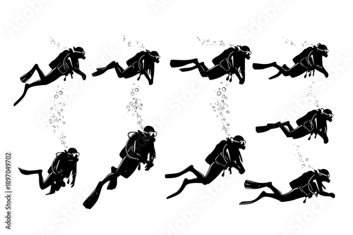 Black silhouette vector illustration set featuring various poses of scuba divers underwater, with gear, flippers, and air bubbles, symbolizing tropical summer recreation and marine exploration.