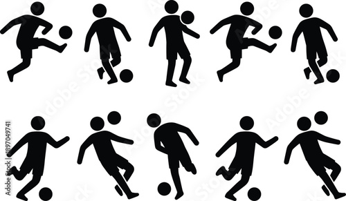 Soccer player silhouettes set showing football actions dribbling kicking running and ball control sports pictogram collection isolated on white background for game design projects