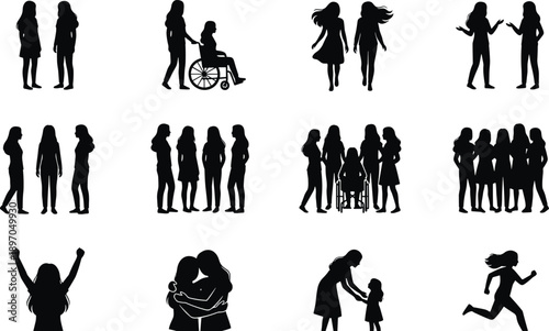 Women community silhouettes set showing friendship support conversation disability inclusion motherhood care and social interaction female bonding concept isolated on white background for modern 