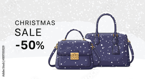 Pair of elegant dark blue leather handbags displayed against a snowy winter background for a special christmas sale with fifty percent off.
