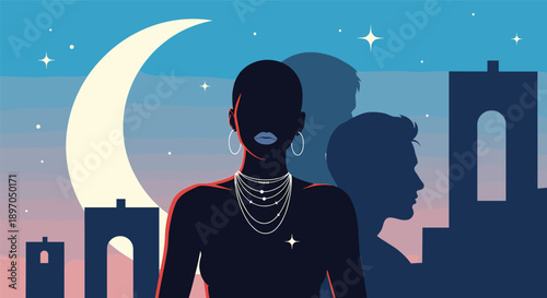 Dramatic silhouette of a woman and male profiles against a urban city skyline during sunset with a large crescent moon in the starry sky.