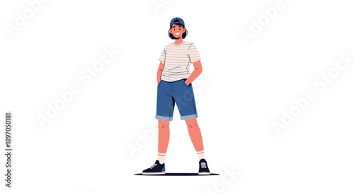 Full body illustration of a cool teenage girl wearing a striped t-shirt and denim shorts with a cap while standing with her hands in pockets.