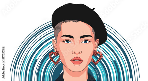Stylish young woman with a buzzed haircut and black beret wearing large heart shaped earrings against a decorative striped teal background.