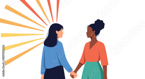 Two women from different backgrounds holding hands in a show of friendship and solidarity against a vibrant background with radiating sun rays.