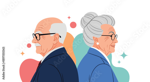 Side profiles of an elderly man and woman with white hair and glasses standing back to back against a colorful abstract background design.