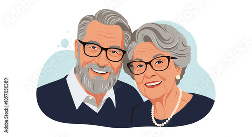 Cheerful senior couple smiling together with the man wearing glasses and a beard while the woman wears a pearl necklace and short grey hair.