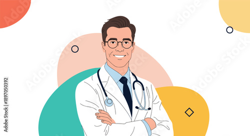 Professional male doctor in a white lab coat stands with crossed arms and a friendly smile against a colorful background.