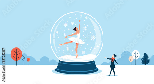 Ballerina dancer performs gracefully inside a glass snow globe while a young girl watches the magical winter scene.
