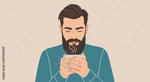 Bearded man enjoys the aroma of a hot cup of coffee with his eyes closed in a moment of peaceful morning relaxation.