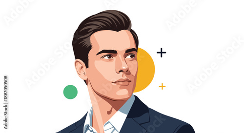 Confident businessman in a sharp navy suit looks towards the side against a clean background with geometric accents.