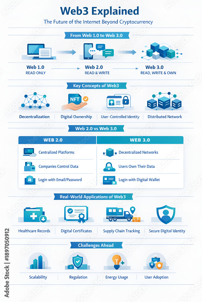 Fototapeta Clean educational infographic explaining Web3, internet evolution, decentralization, digital ownership, real-world use cases, and challenges.