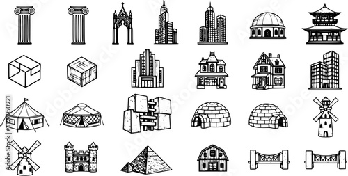 Diverse Architectural Buildings  Structures Black  White Line Art Icon Set for Construction, Travel, and Education Projects