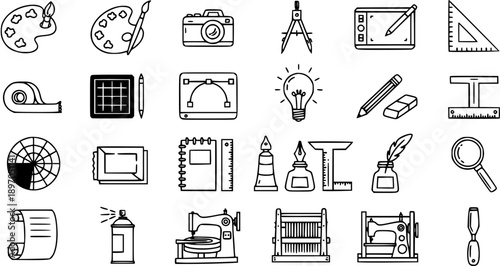 Black and White Line Art Icons of Art and Design Tools, Including Camera, Paint Palette, Compass, and Lightbulb