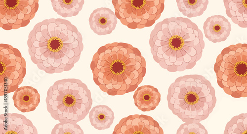 A delightful and elegant seamless pattern featuring charming abstract flower blossoms in soft peach and blush tones, perfect for spring designs and decorative textiles