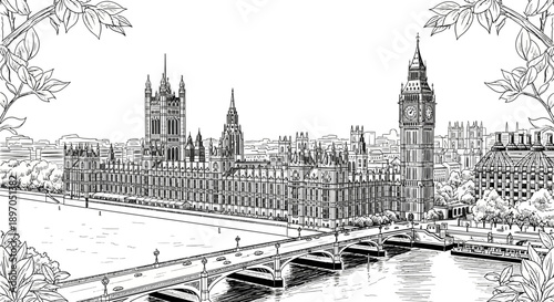 londons iconic big ben houses of parliament and westminster bridge line art over thames for coloring book projects.