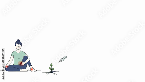 Animated woman meditating for mindful living. Footage depicts calm person, growing plant, and feather, promoting peaceful mindful living. Concept mindful living for self care, health blogs,