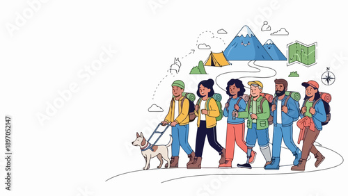 Diverse hiking group with guide dog trekking through mountain landscape. Group members carry backpacks, featuring snowy peaks, map, and tent for outdoor adventure.