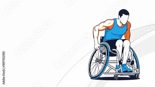 Dynamic wheelchair sport illustration, depicting athletic man in racing chair. Wheelchair sport demonstrates strength, determination, and active participation.