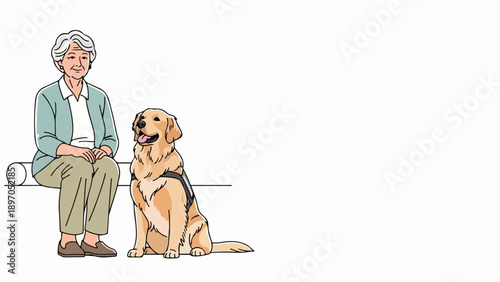 Senior woman dog illustration depicts an elderly lady sitting on a bench with her loyal Golden Retriever service dog.