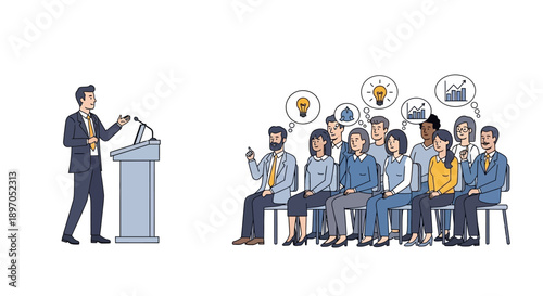 Dynamic Business Presentation or Educational Seminar with Professional Speaker Addressing an Engaged Audience in a Modern Conference Setting