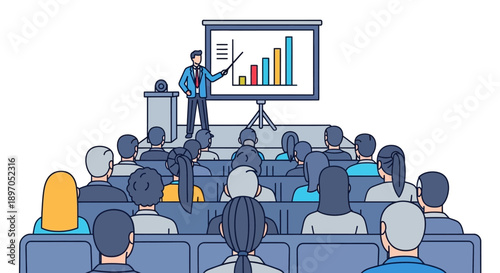 Professional speaker presenting data and analysis to an attentive audience in a conference hall, illustrating business growth and educational concepts