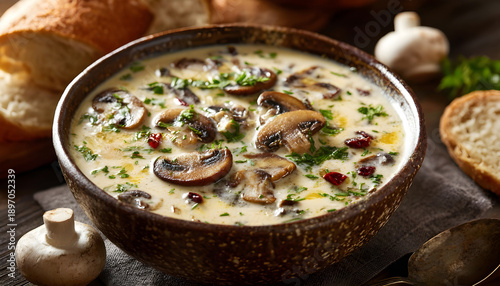 Warm and comforting bowl of creamy mushroom soup with fresh herbs and gourmet ingredients served in a rustic dish