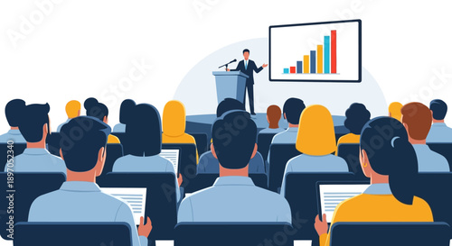 Dynamic Business Presentation with Speaker Addressing a Professional Audience at a Conference or Seminar, Showcasing Growth Statistics on Screen