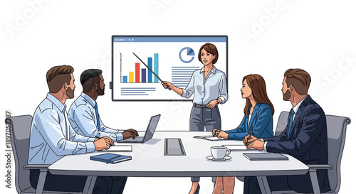 Dynamic business presentation featuring a diverse team collaborating during a corporate meeting, analyzing data and strategic planning for future growth and success