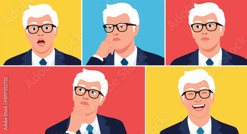 Set of five portraits showing different facial expressions of a senior businessman with white hair and glasses in a dark blue suit.