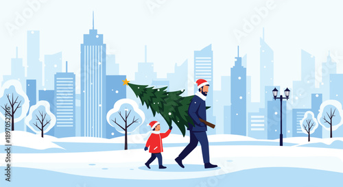 Father and son walking through a snowy park while carrying a Christmas tree with a modern city skyline in the background.