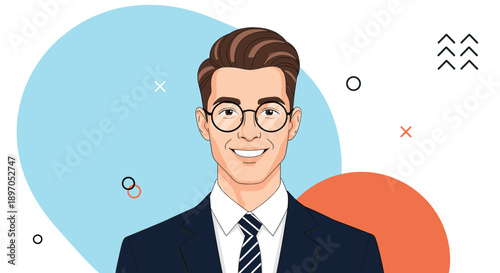 Portrait of a confident professional man wearing round glasses and a dark suit with a striped tie against a modern background.