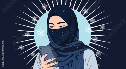 Woman wearing a dark blue niqab with sparkling patterns looking down at her smartphone against a decorative sunburst background.