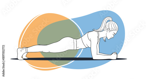 Side view of a fit young woman performing a plank exercise on a yoga mat during a workout session against a modern backdrop.