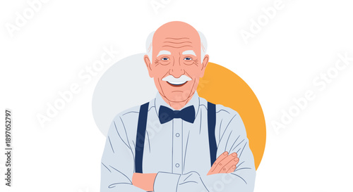Friendly senior man with white hair wearing a bowtie and suspenders standing with arms crossed and a warm smile.