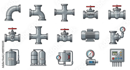 Collection of plumbing and industrial pipe fittings and equipment.