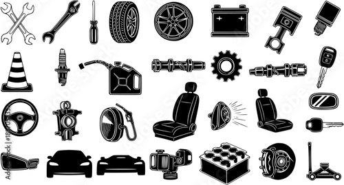 Black and white glyph icons of automotive parts and tools for car repair
