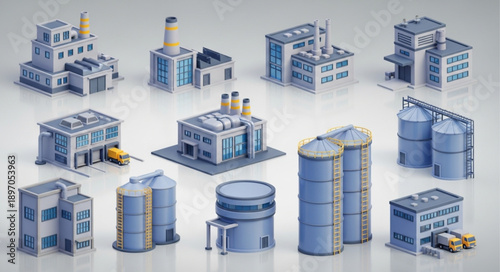 Collection of miniature industrial factory buildings and silos.