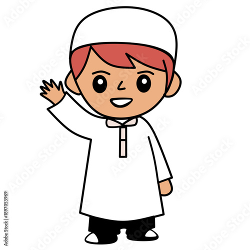 chibi cartoon muslim boy in white attire (kufi and kurta) standing and waving happily. simple vector illustration on a white background