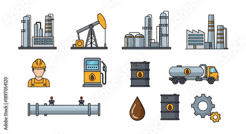 Collection of oil and gas industry icons and illustrations.