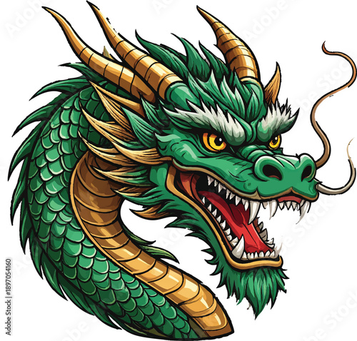 Adobe Illustrator Artwork of Intricate dragon illustration with piercing yellow eyes, flowing whiskers, and a circular body design, symbolizing majesty and mysticism.
