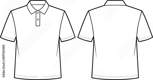 Blank polo shirt technical drawing, front and back views, short sleeve apparel outline, clothing template vector for fashion design and mockup use